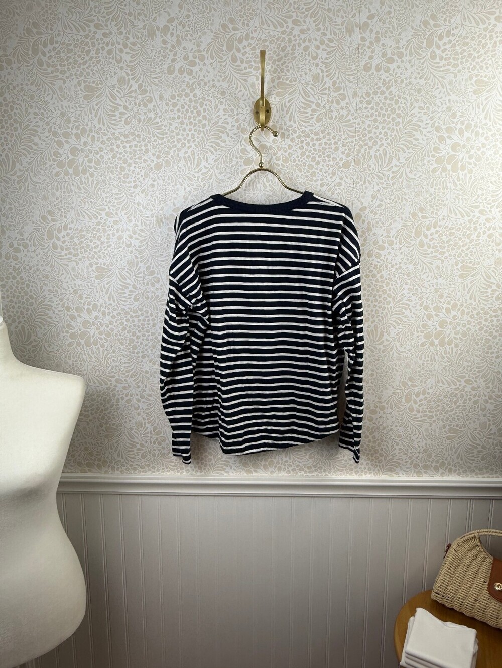 BODEN Navy and White Striped Ruffle Trim Long-Sleeve Henley Tee - Size - 8 - Picture 3 of 7